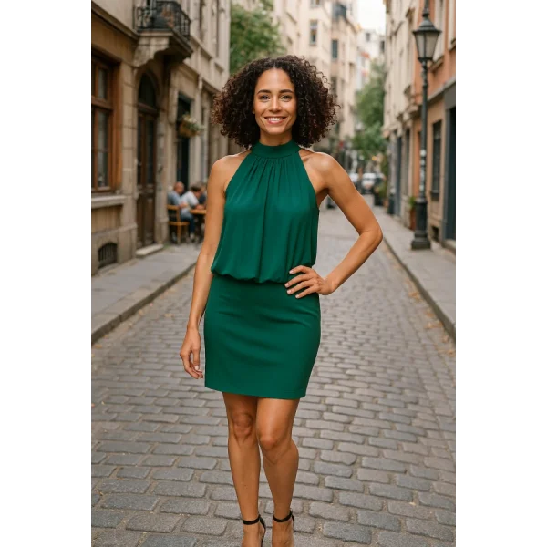 Kadın Boyundan Bağlamalı Şifonlu Kolsuz Fırsat Ürün Diz Üstü Elbise