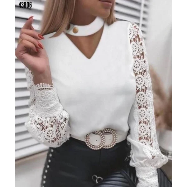 Kadın Boyundan Bağlamalı V Yaka Kolları Dantel Detay Fırsat ürünbluz