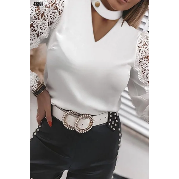 Kadın Boyundan Bağlamalı V Yaka Kolları Dantel Detay Fırsat ürünbluz