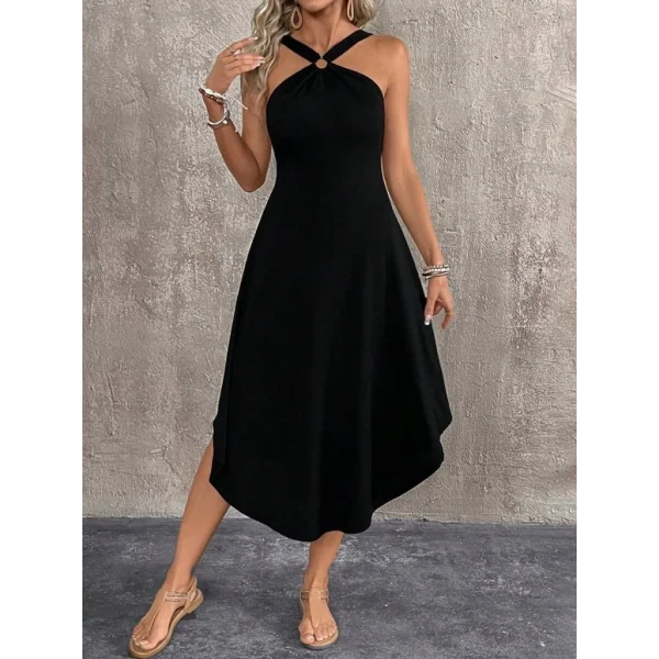 Kadın Boyundan çapraz Askılı Halka Detaylı Asimetrik Kesim Viskon Elbise