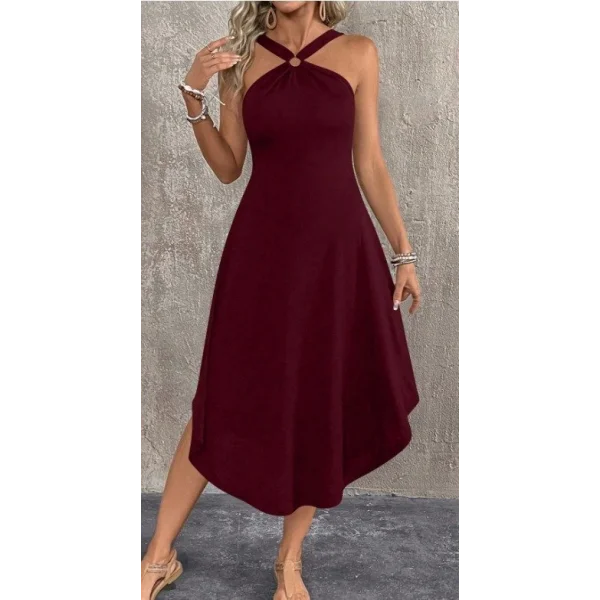 Kadın Boyundan çapraz Askılı Halka Detaylı Asimetrik Kesim Viskon Elbise