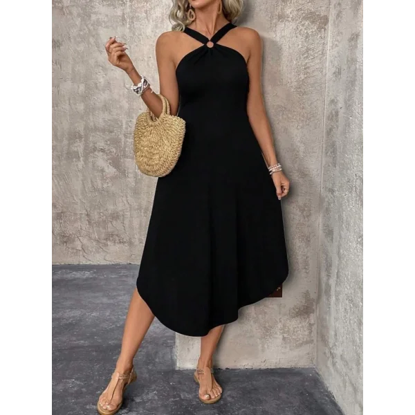 Kadın Boyundan çapraz Askılı Halka Detaylı Asimetrik Kesim Viskon Elbise