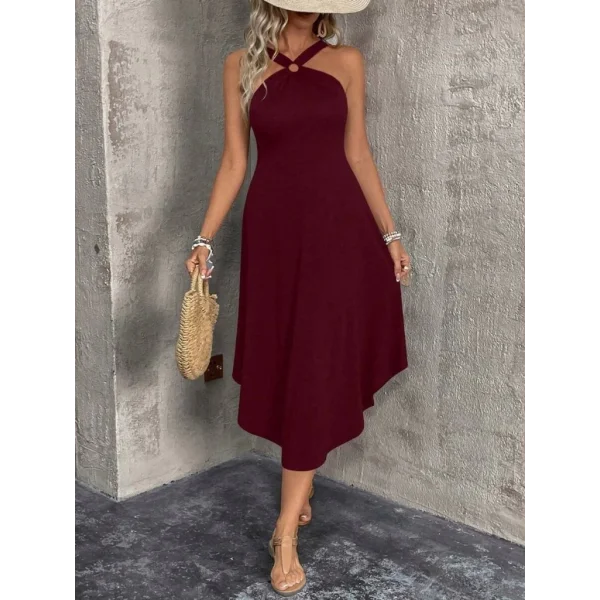 Kadın Boyundan çapraz Askılı Halka Detaylı Asimetrik Kesim Viskon Elbise