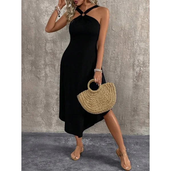 Kadın Boyundan çapraz Askılı Halka Detaylı Asimetrik Kesim Viskon Elbise