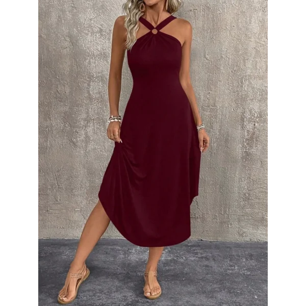 Kadın Boyundan çapraz Askılı Halka Detaylı Asimetrik Kesim Viskon Elbise