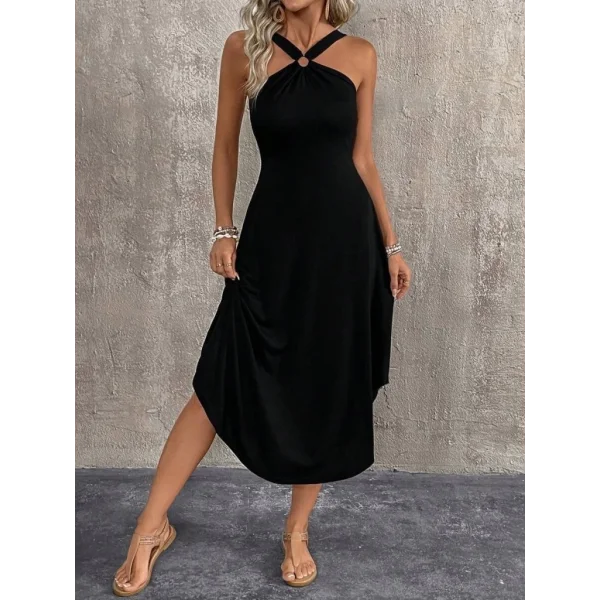 Kadın Boyundan çapraz Askılı Halka Detaylı Asimetrik Kesim Viskon Elbise