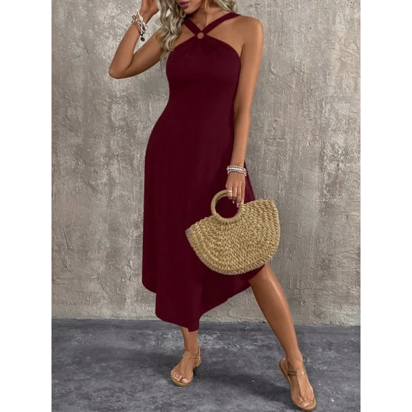 Kadın Boyundan çapraz Askılı Halka Detaylı Asimetrik Kesim Viskon Elbise