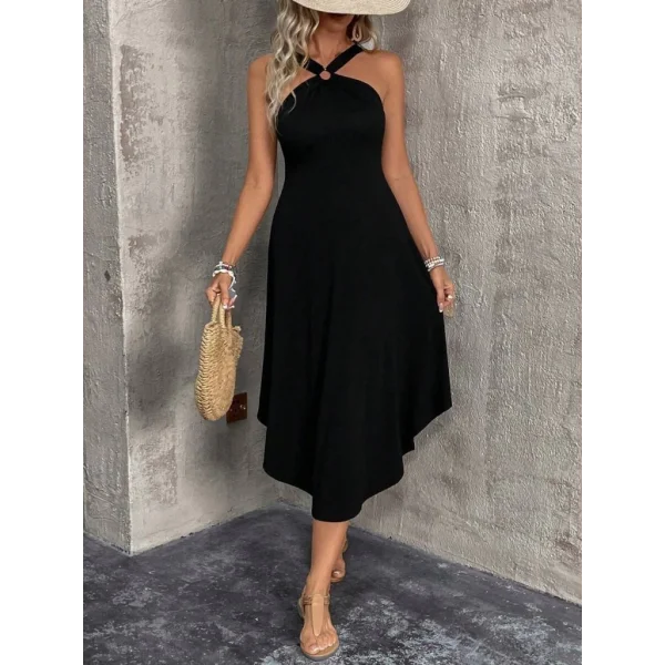 Kadın Boyundan çapraz Askılı Halka Detaylı Asimetrik Kesim Viskon Elbise