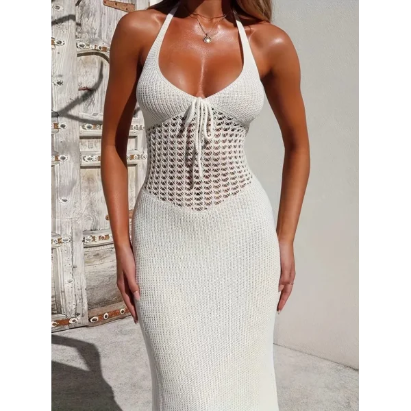 Kadın Boyundan Ve Sırttan Bağlamalı Dekolteli Triko Uzun Elbise