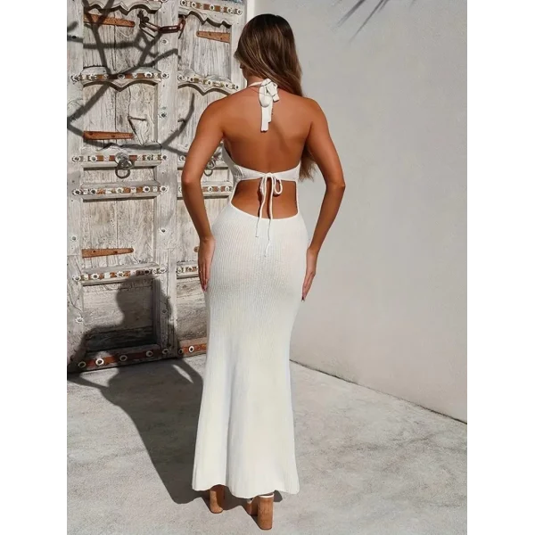 Kadın Boyundan Ve Sırttan Bağlamalı Dekolteli Triko Uzun Elbise