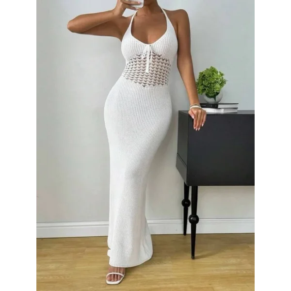 Kadın Boyundan Ve Sırttan Bağlamalı Dekolteli Triko Uzun Elbise