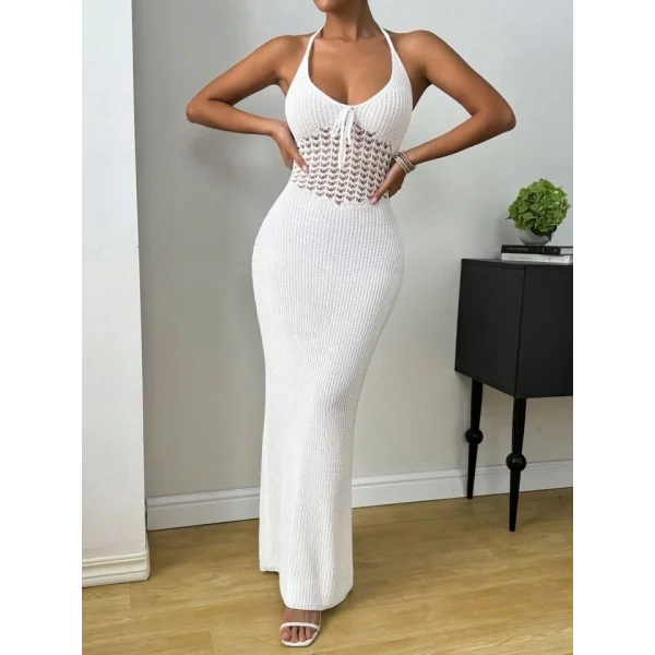 Kadın Boyundan Ve Sırttan Bağlamalı Dekolteli Triko Uzun Elbise