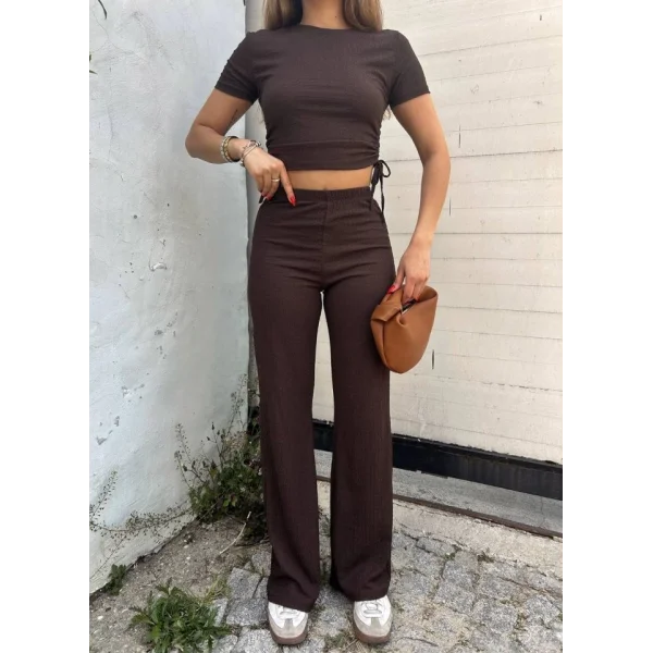 Kadın Buble Kumaş Büzgü Detaylı Crop Ve Patolon Ikili Takım