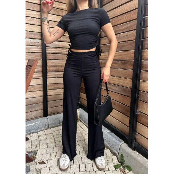 Kadın Buble Kumaş Büzgü Detaylı Crop Ve Patolon Ikili Takım