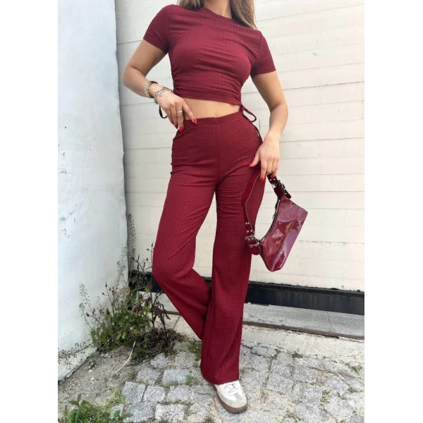 Kadın Buble Kumaş Büzgü Detaylı Crop Ve Patolon Ikili Takım