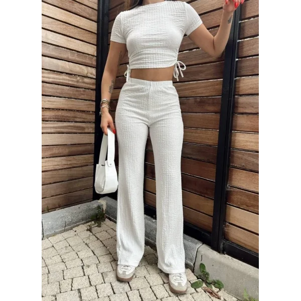 Kadın Buble Kumaş Büzgü Detaylı Crop Ve Patolon Ikili Takım