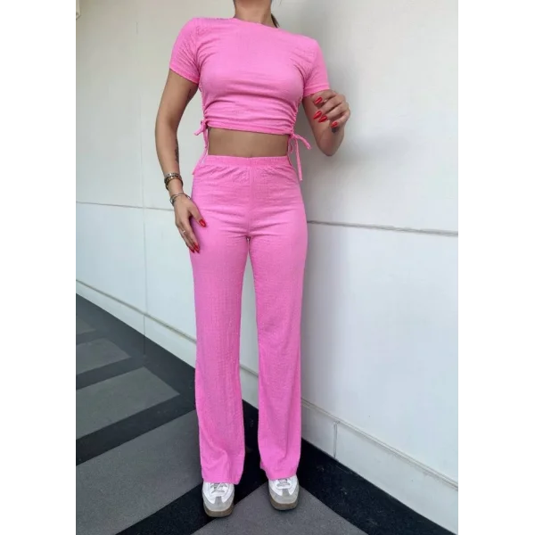 Kadın Buble Kumaş Büzgü Detaylı Crop Ve Patolon Ikili Takım