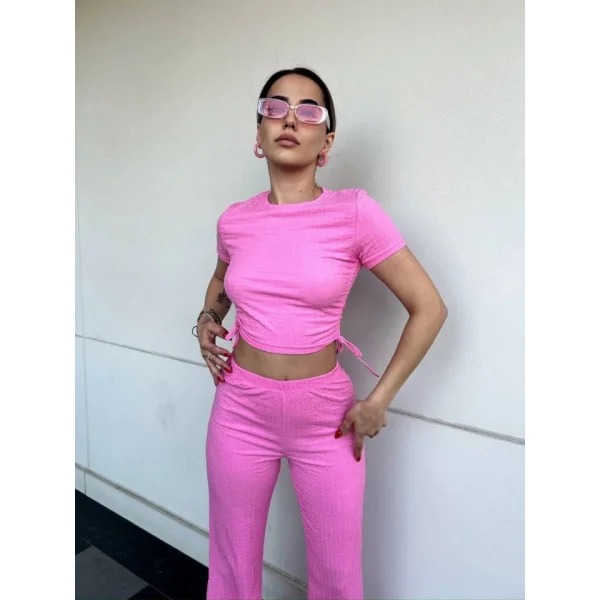 Kadın Buble Kumaş Büzgü Detaylı Crop Ve Patolon Ikili Takım