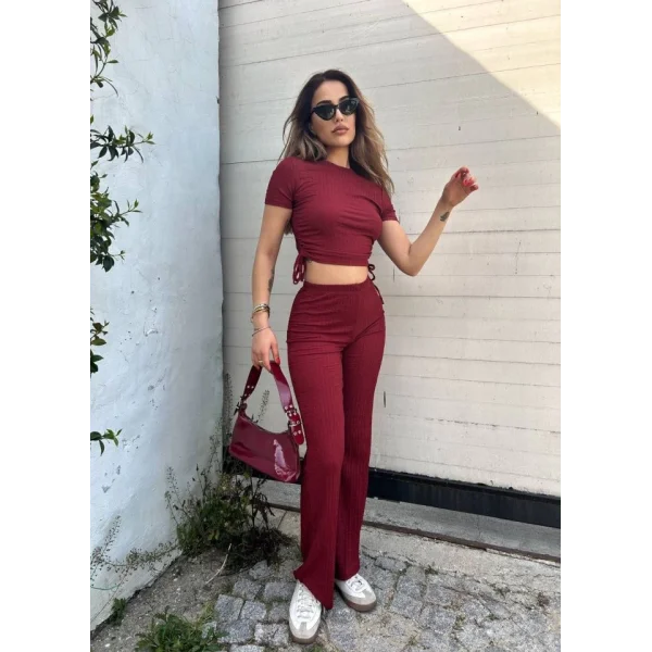 Kadın Buble Kumaş Büzgü Detaylı Crop Ve Patolon Ikili Takım