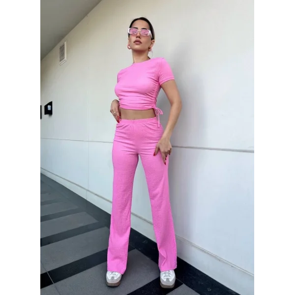 Kadın Buble Kumaş Büzgü Detaylı Crop Ve Patolon Ikili Takım