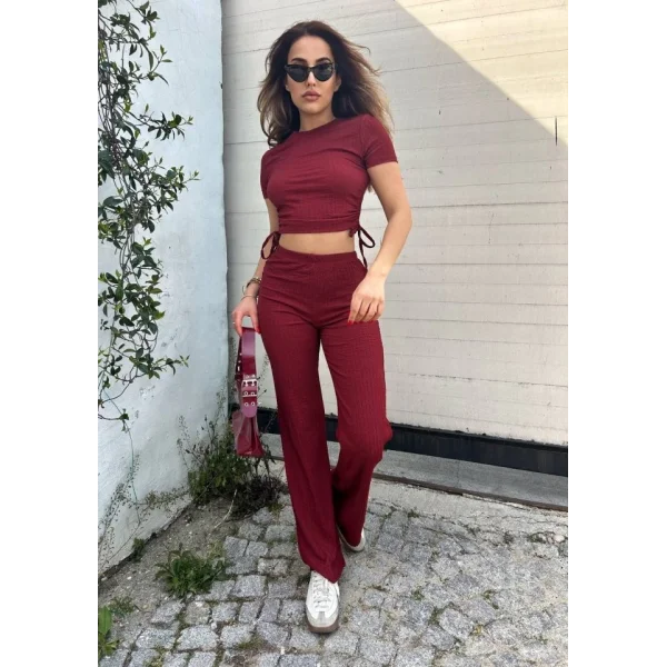 Kadın Buble Kumaş Büzgü Detaylı Crop Ve Patolon Ikili Takım