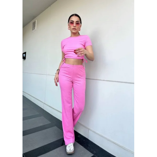 Kadın Buble Kumaş Büzgü Detaylı Crop Ve Patolon Ikili Takım