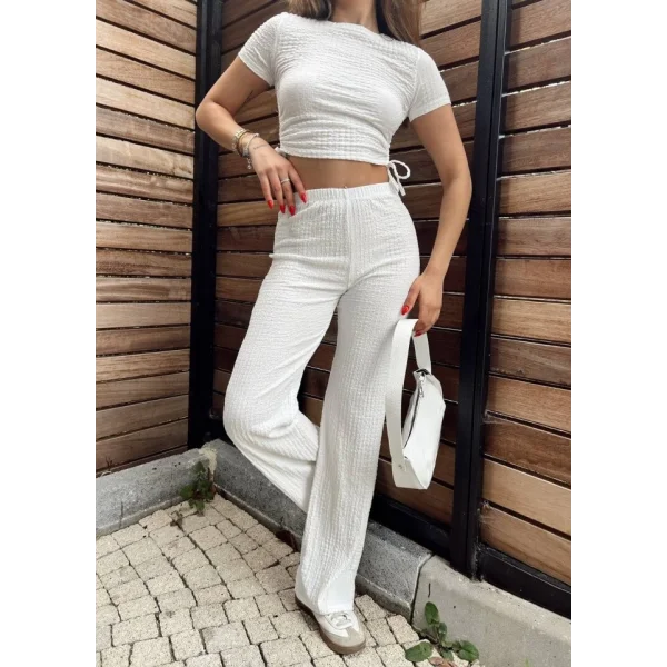 Kadın Buble Kumaş Büzgü Detaylı Crop Ve Patolon Ikili Takım