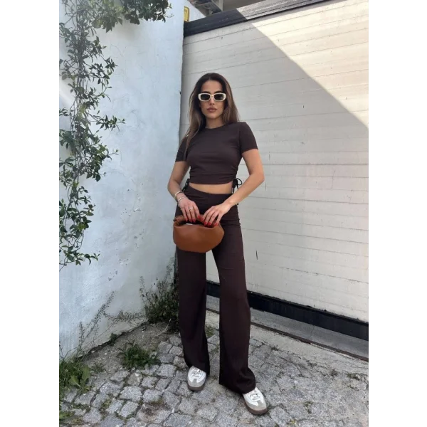 Kadın Buble Kumaş Büzgü Detaylı Crop Ve Patolon Ikili Takım