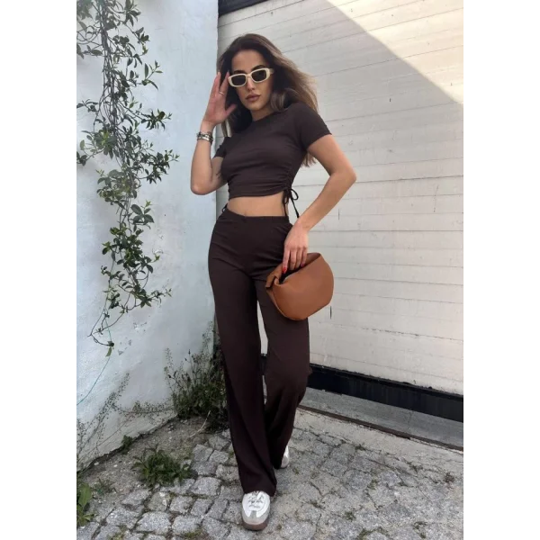 Kadın Buble Kumaş Büzgü Detaylı Crop Ve Patolon Ikili Takım