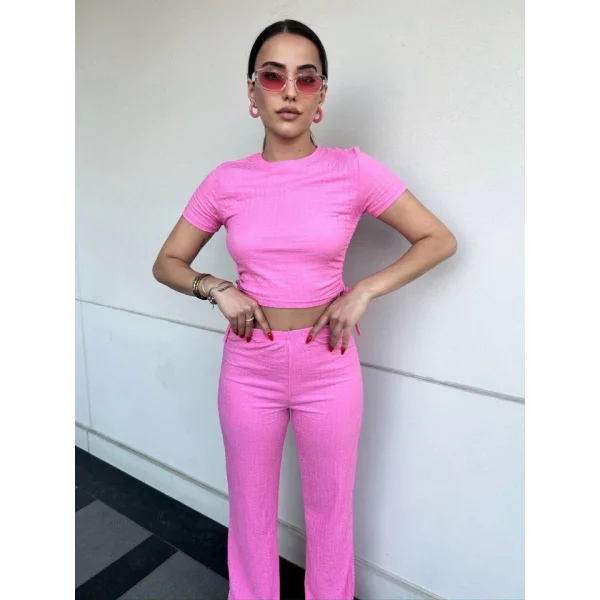 Kadın Buble Kumaş Büzgü Detaylı Crop Ve Patolon Ikili Takım