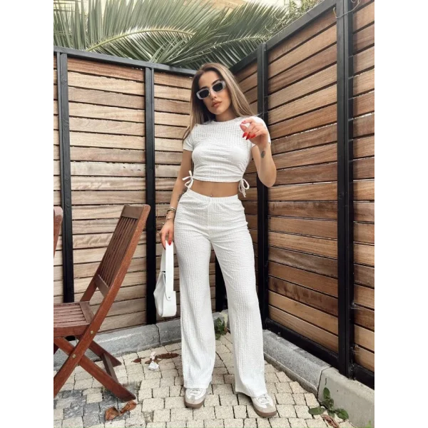 Kadın Buble Kumaş Büzgü Detaylı Crop Ve Patolon Ikili Takım