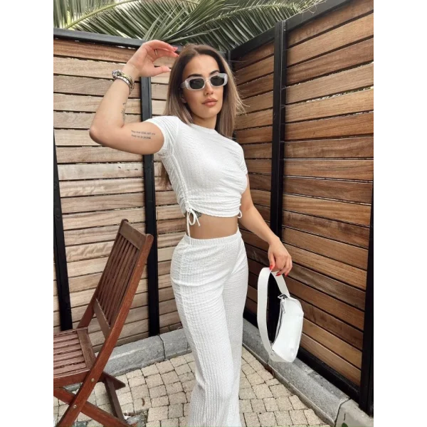 Kadın Buble Kumaş Büzgü Detaylı Crop Ve Patolon Ikili Takım