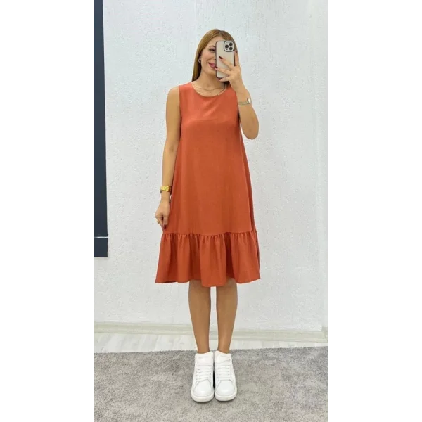 Kadın Bürümcük Kumaş Eteği Fırfır Detaylı Sıfır Kol Elbise