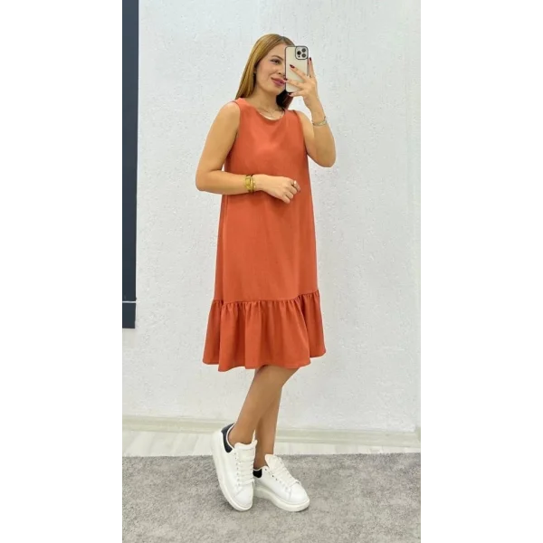 Kadın Bürümcük Kumaş Eteği Fırfır Detaylı Sıfır Kol Elbise