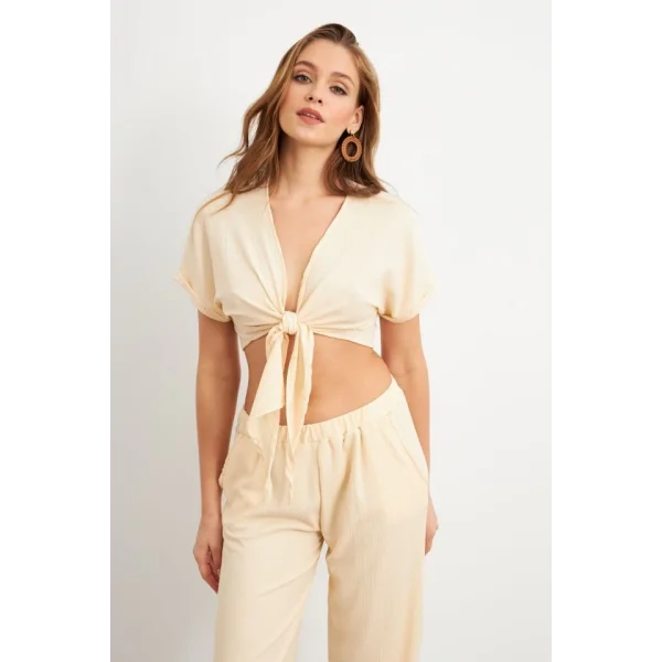 Kadın Bürümcük Kumaş Pantolonlu Takım