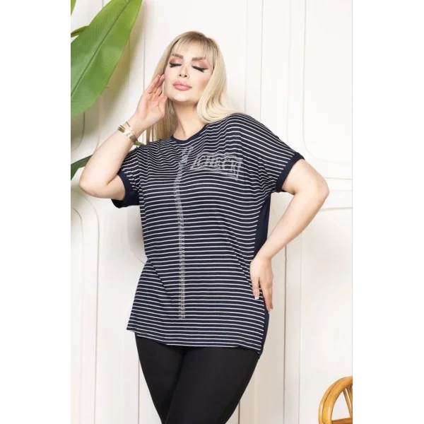 Kadın Büyük Beden Çizgili Taş Detaylı Kısa Kollu Likralı Viskon Tişört - Lacivert