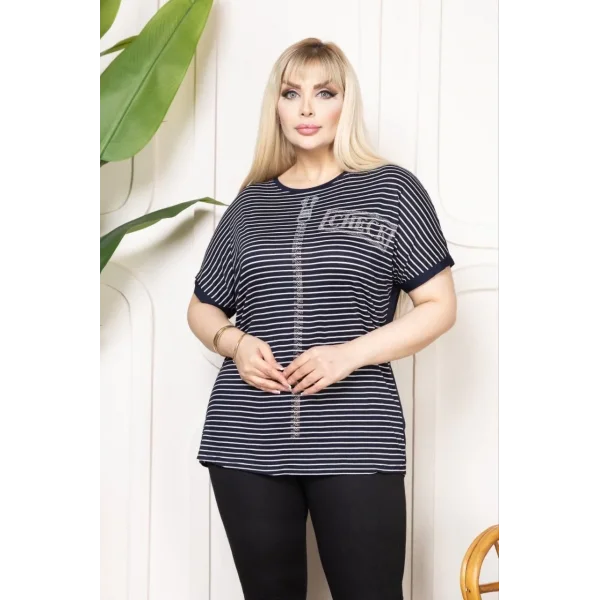 Kadın Büyük Beden Çizgili Taş Detaylı Kısa Kollu Likralı Viskon Tişört - Lacivert