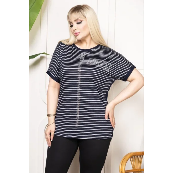 Kadın Büyük Beden Çizgili Taş Detaylı Kısa Kollu Likralı Viskon Tişört - Lacivert