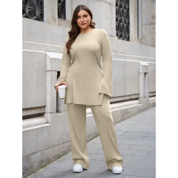 Kadın Büyük Beden Ispanyol Kol Yanı Yırtmaçlı Tunik Ve Pantolon Ikili Takım