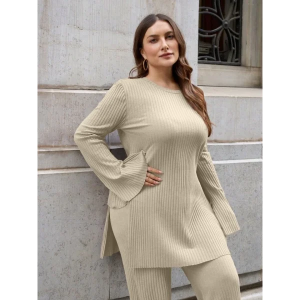 Kadın Büyük Beden Ispanyol Kol Yanı Yırtmaçlı Tunik Ve Pantolon Ikili Takım