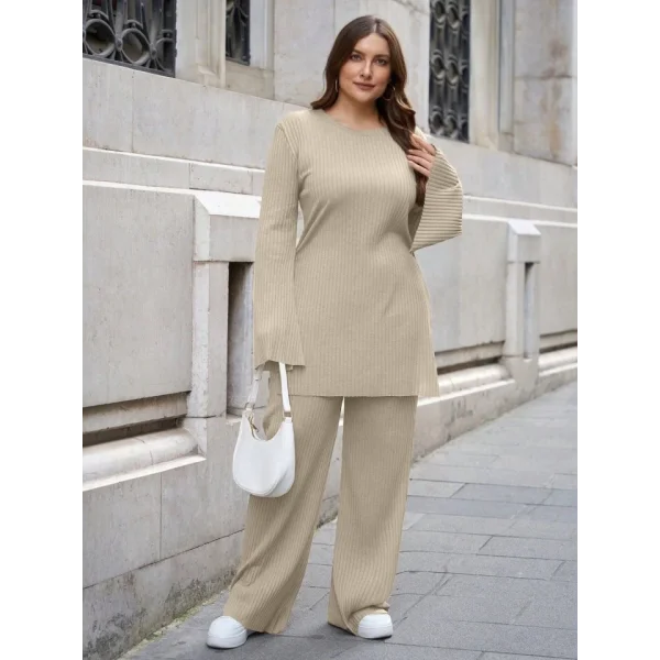 Kadın Büyük Beden Ispanyol Kol Yanı Yırtmaçlı Tunik Ve Pantolon Ikili Takım