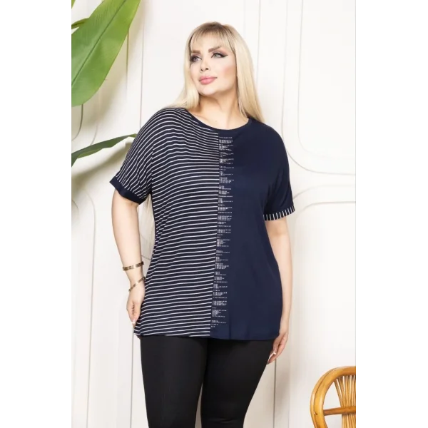 Kadın Büyük Beden Taş Detaylı Çizgili Viskon Tişört Bisiklet Yaka Rahat Kesim - Lacivert