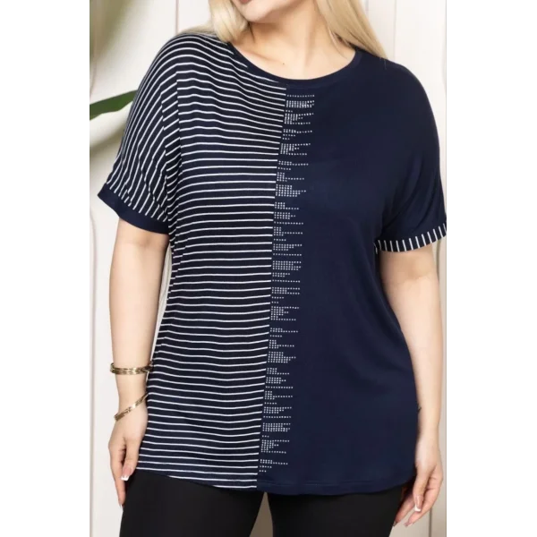 Kadın Büyük Beden Taş Detaylı Çizgili Viskon Tişört Bisiklet Yaka Rahat Kesim - Lacivert