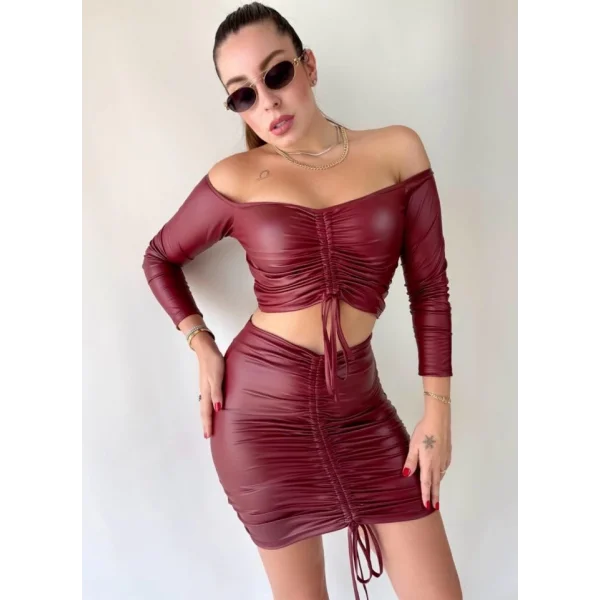 Kadın Büzgülü Deri Etek Takım Fırsat Ürün