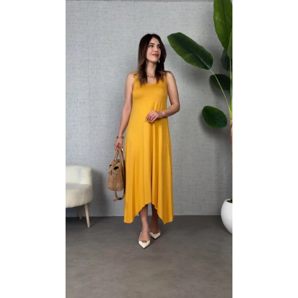 Kadın çan Dokuma Kumaş V Yaka Asimetrik Kesim Elbise