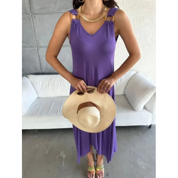 Kadın çan Dokuma Kumaş V Yaka Asimetrik Kesim Elbise