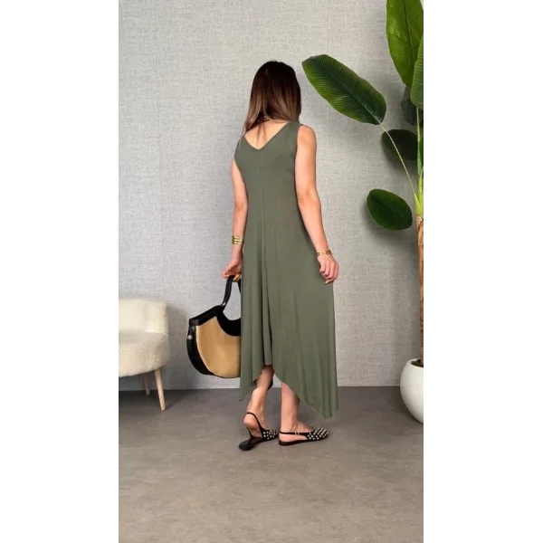 Kadın çan Dokuma Kumaş V Yaka Asimetrik Kesim Elbise