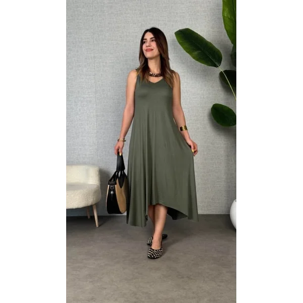 Kadın çan Dokuma Kumaş V Yaka Asimetrik Kesim Elbise