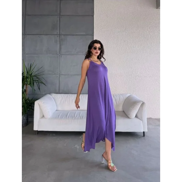 Kadın çan Dokuma Kumaş V Yaka Asimetrik Kesim Elbise