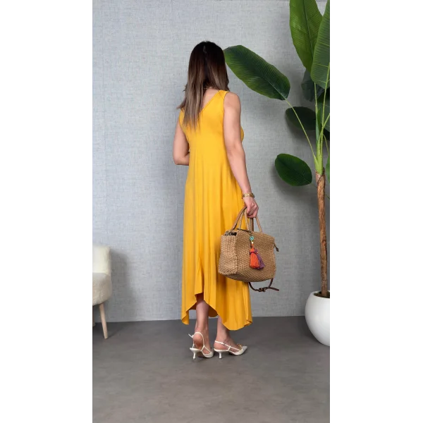 Kadın çan Dokuma Kumaş V Yaka Asimetrik Kesim Elbise